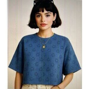 Madewell Embroidered Wide-Sleeve Boxy Crop Tee Crewneck Blue Size M